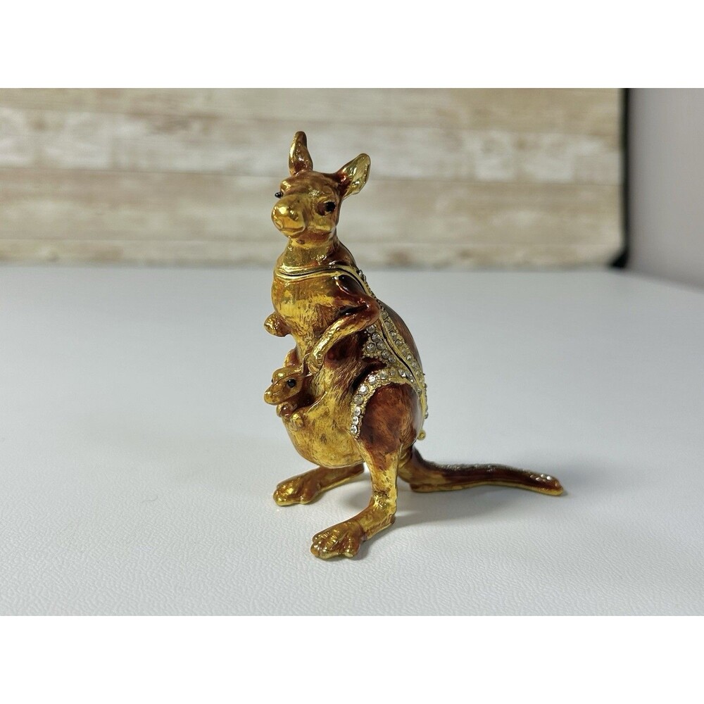 Kangaroo w/ Baby Joey Bejeweled Hinged Miniature Trinket Box Gold Tone